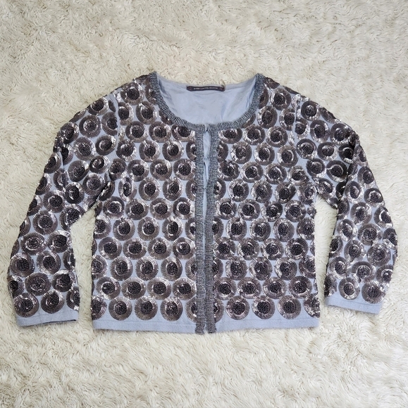 BODEN Limited Edition Beaded Cotton Cardigan Silk lined Gray Blue Silver Size 4 - Picture 3 of 11